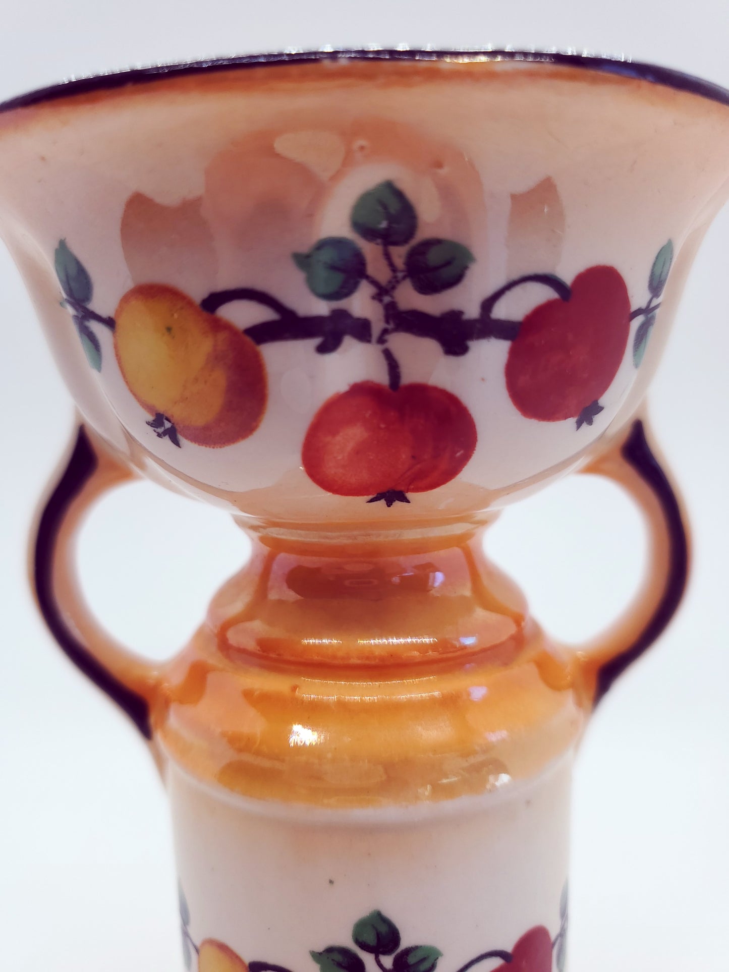 Vintage Czechoslovakia Lusterware Pottery Vase Two Handles Fruit Motif Art Deco