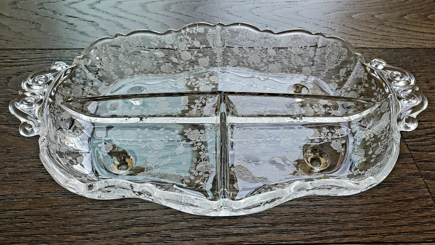 Vintage Elegant Glass Divided Tray With Etched Flowers And Handles