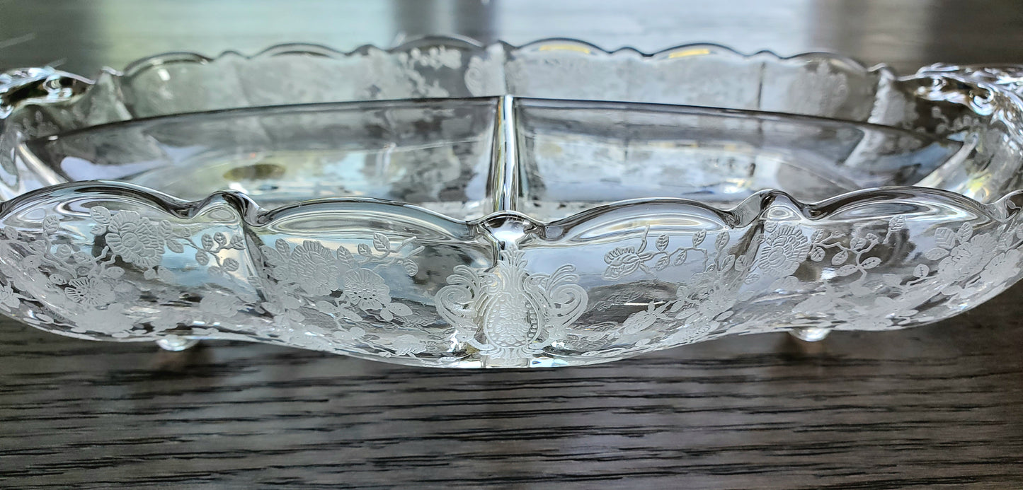 Vintage Elegant Glass Divided Tray With Etched Flowers And Handles