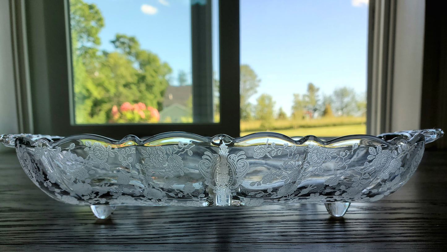 Vintage Elegant Glass Divided Tray With Etched Flowers And Handles