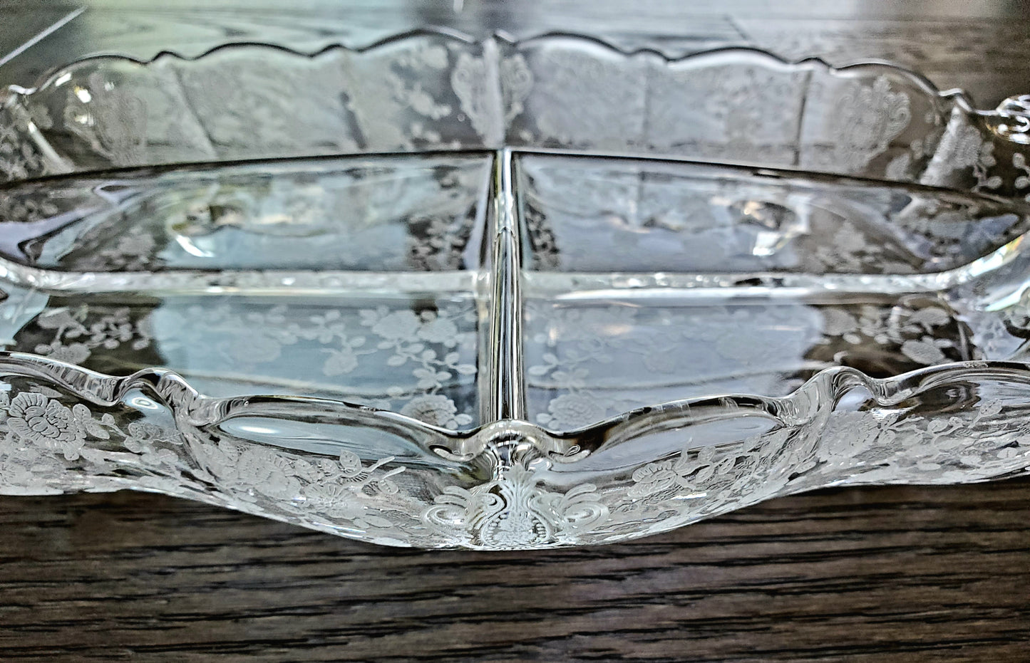 Vintage Elegant Glass Divided Tray With Etched Flowers And Handles