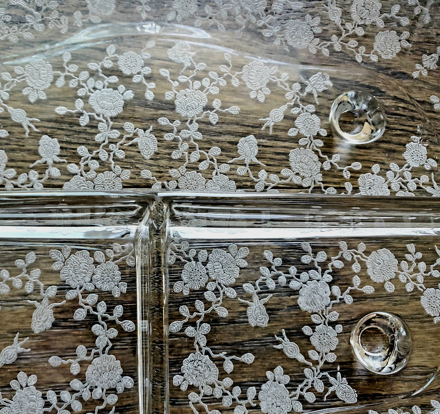 Vintage Elegant Glass Divided Tray With Etched Flowers And Handles