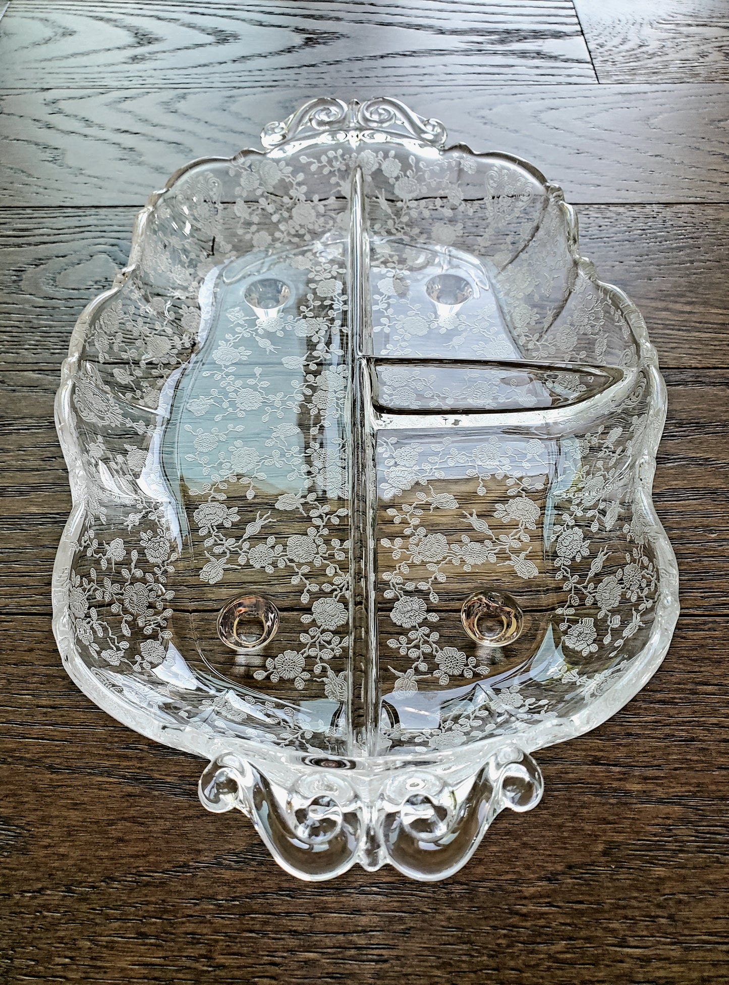 Vintage Elegant Glass Divided Tray With Etched Flowers And Handles