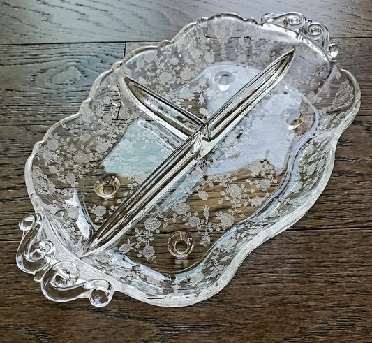 Vintage Elegant Glass Divided Tray With Etched Flowers And Handles