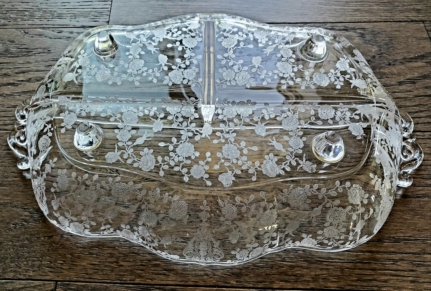 Vintage Elegant Glass Divided Tray With Etched Flowers And Handles