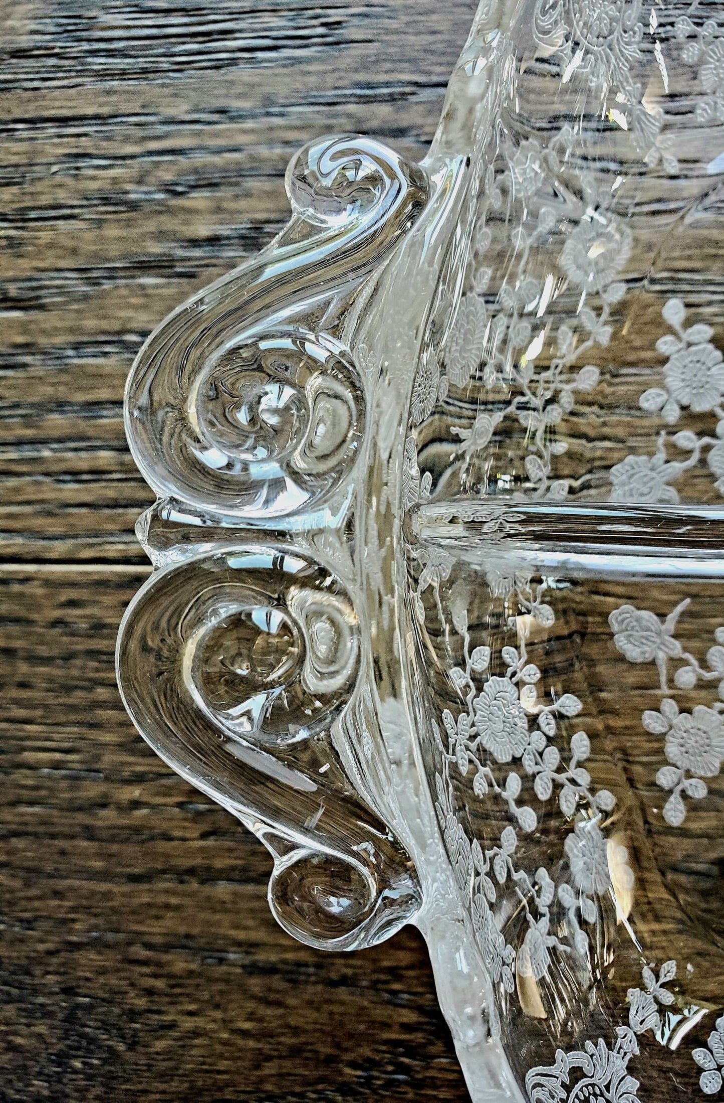 Vintage Elegant Glass Divided Tray With Etched Flowers And Handles