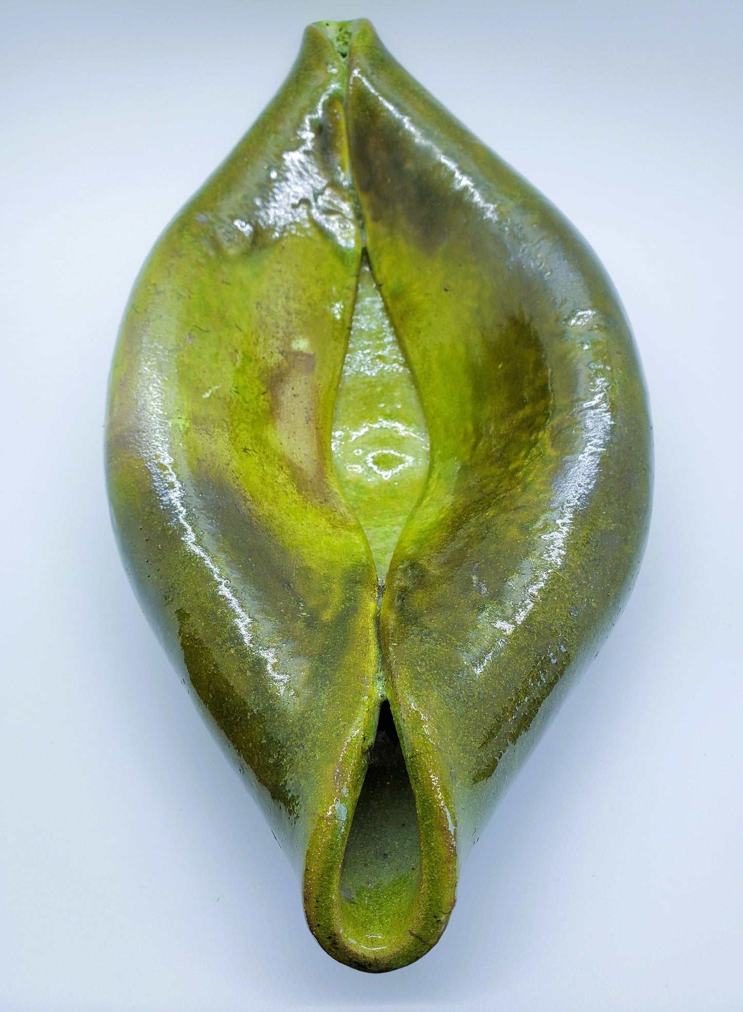 Hand-Made Raku Art Pottery Bowl With Horse Hair And Green Lava Glaze Folded Leaf-Like Design Signed