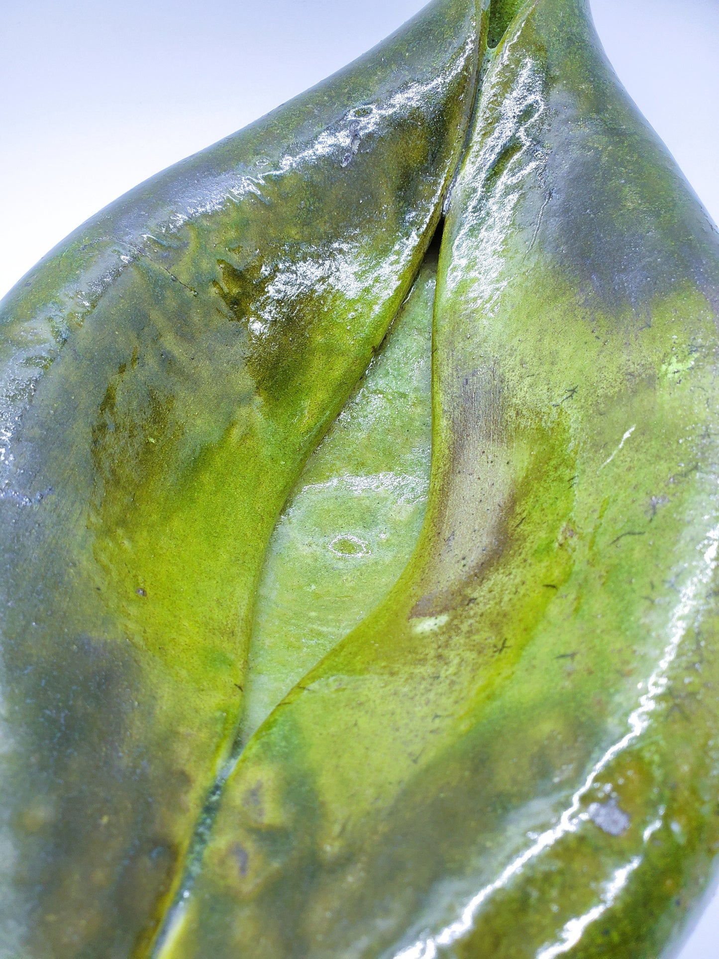 Hand-Made Raku Art Pottery Bowl With Horse Hair And Green Lava Glaze Folded Leaf-Like Design Signed