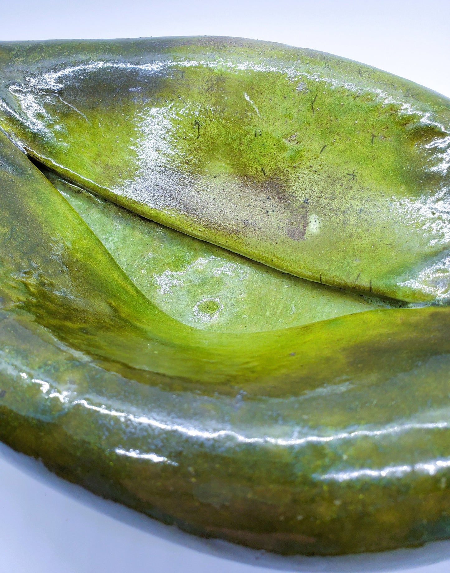 Hand-Made Raku Art Pottery Bowl With Horse Hair And Green Lava Glaze Folded Leaf-Like Design Signed