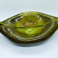 Hand-Made Raku Art Pottery Bowl With Horse Hair And Green Lava Glaze Folded Leaf-Like Design Signed