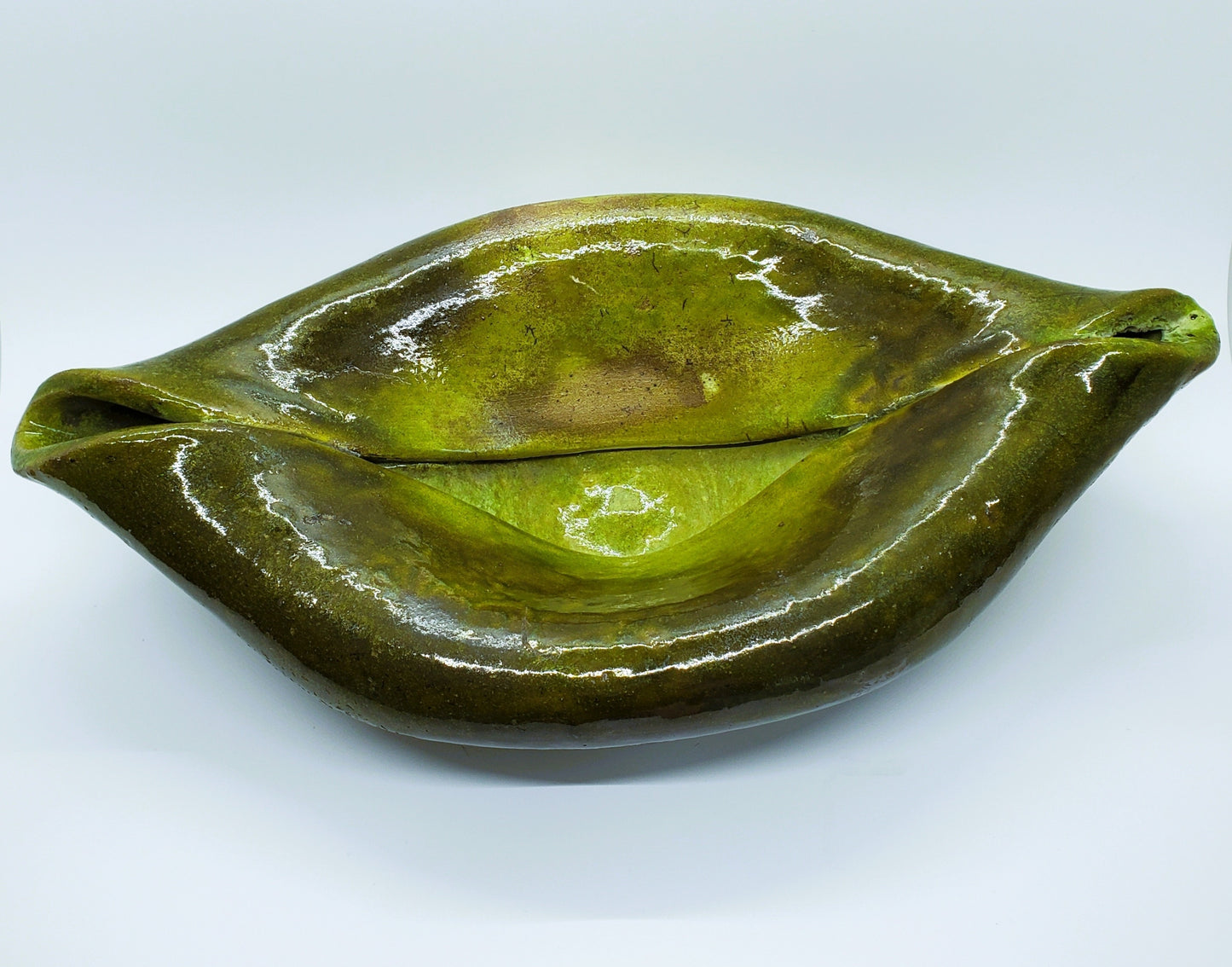 Hand-Made Raku Art Pottery Bowl With Horse Hair And Green Lava Glaze Folded Leaf-Like Design Signed