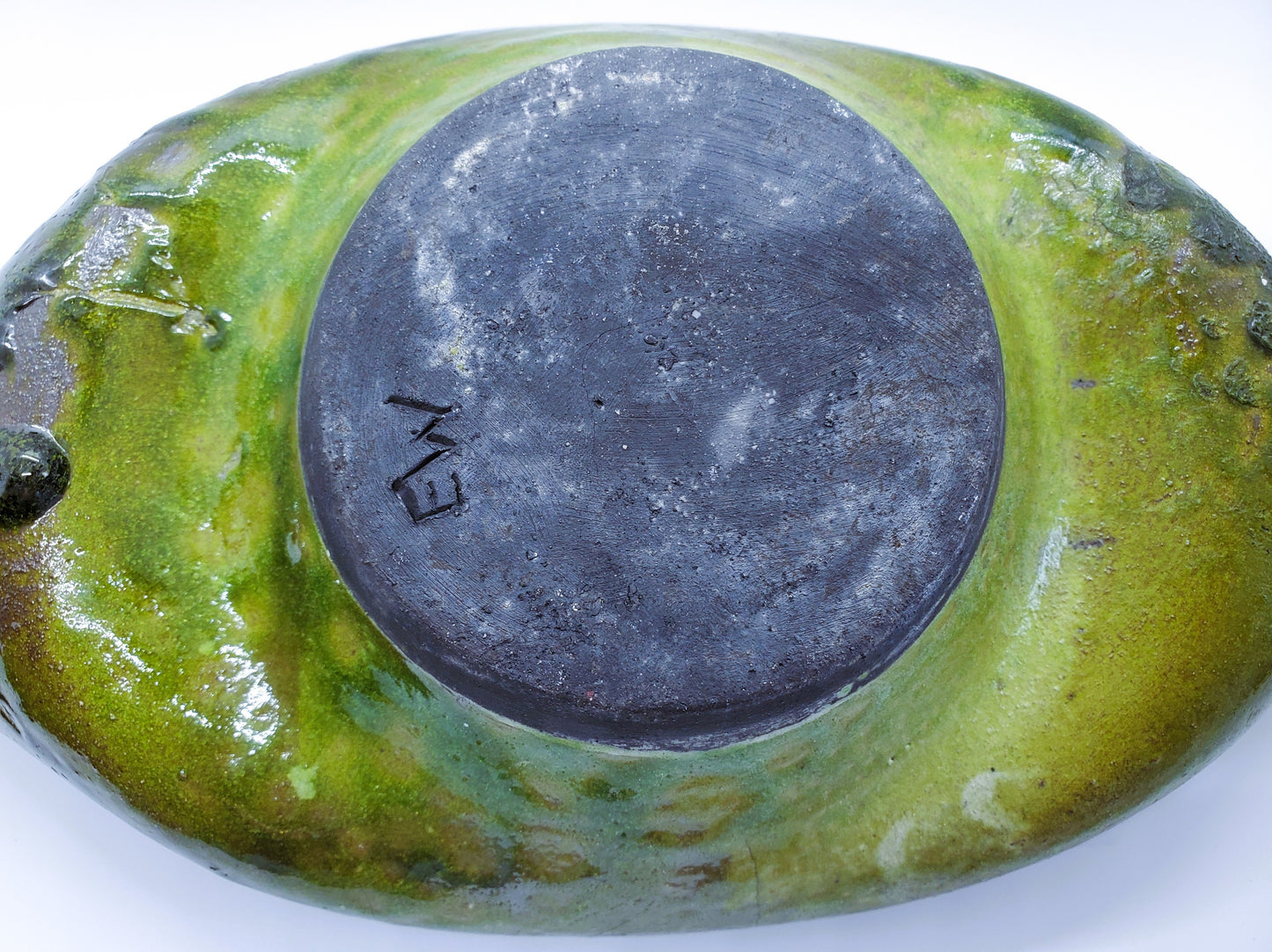 Hand-Made Raku Art Pottery Bowl With Horse Hair And Green Lava Glaze Folded Leaf-Like Design Signed