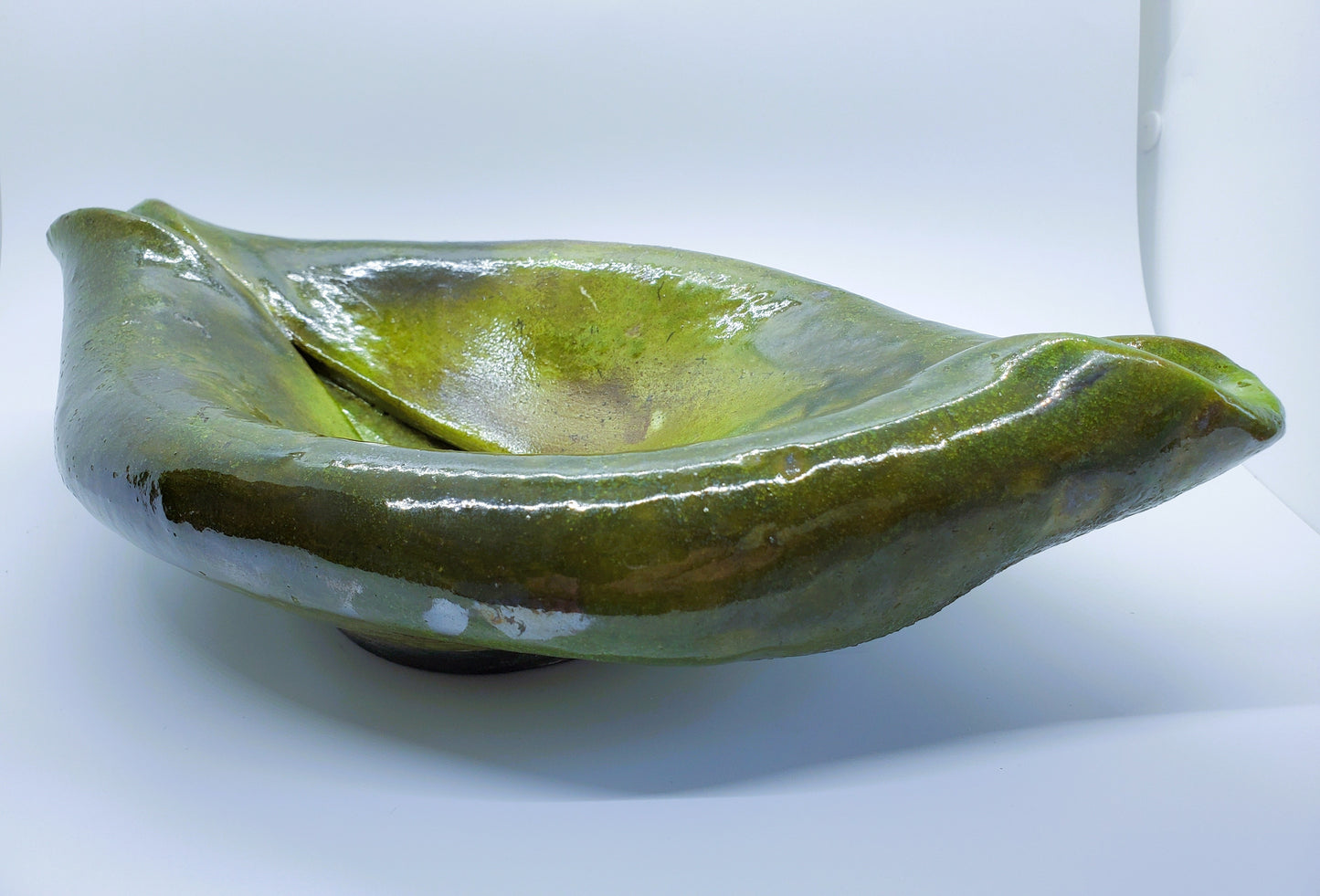 Hand-Made Raku Art Pottery Bowl With Horse Hair And Green Lava Glaze Folded Leaf-Like Design Signed