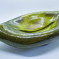 Hand-Made Raku Art Pottery Bowl With Horse Hair And Green Lava Glaze Folded Leaf-Like Design Signed