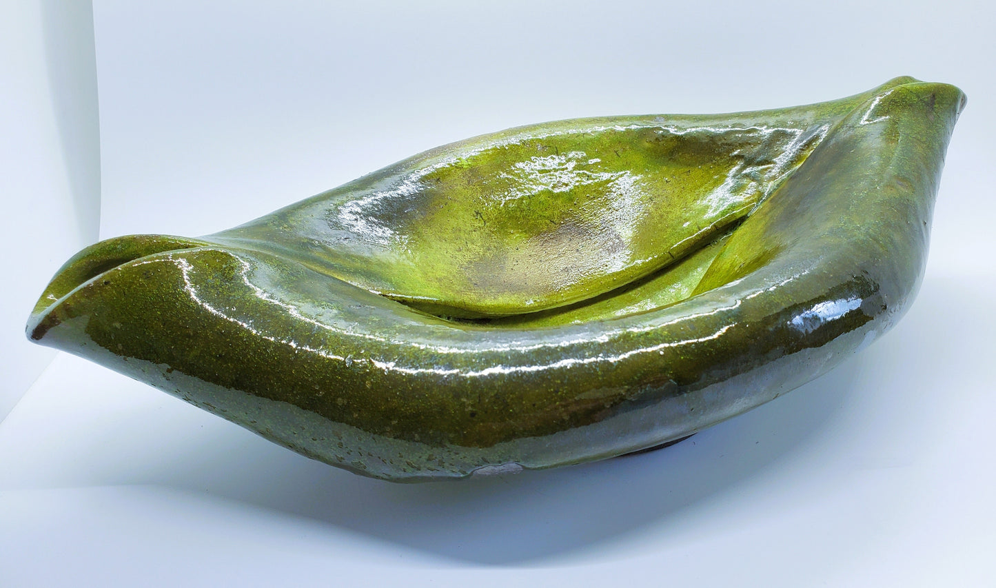 Hand-Made Raku Art Pottery Bowl With Horse Hair And Green Lava Glaze Folded Leaf-Like Design Signed