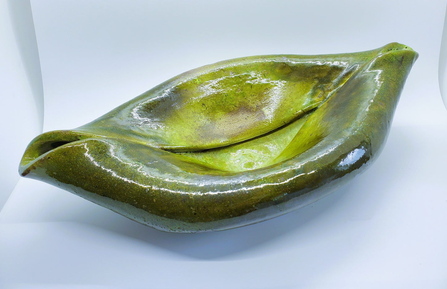 Hand-Made Raku Art Pottery Bowl With Horse Hair And Green Lava Glaze Folded Leaf-Like Design Signed