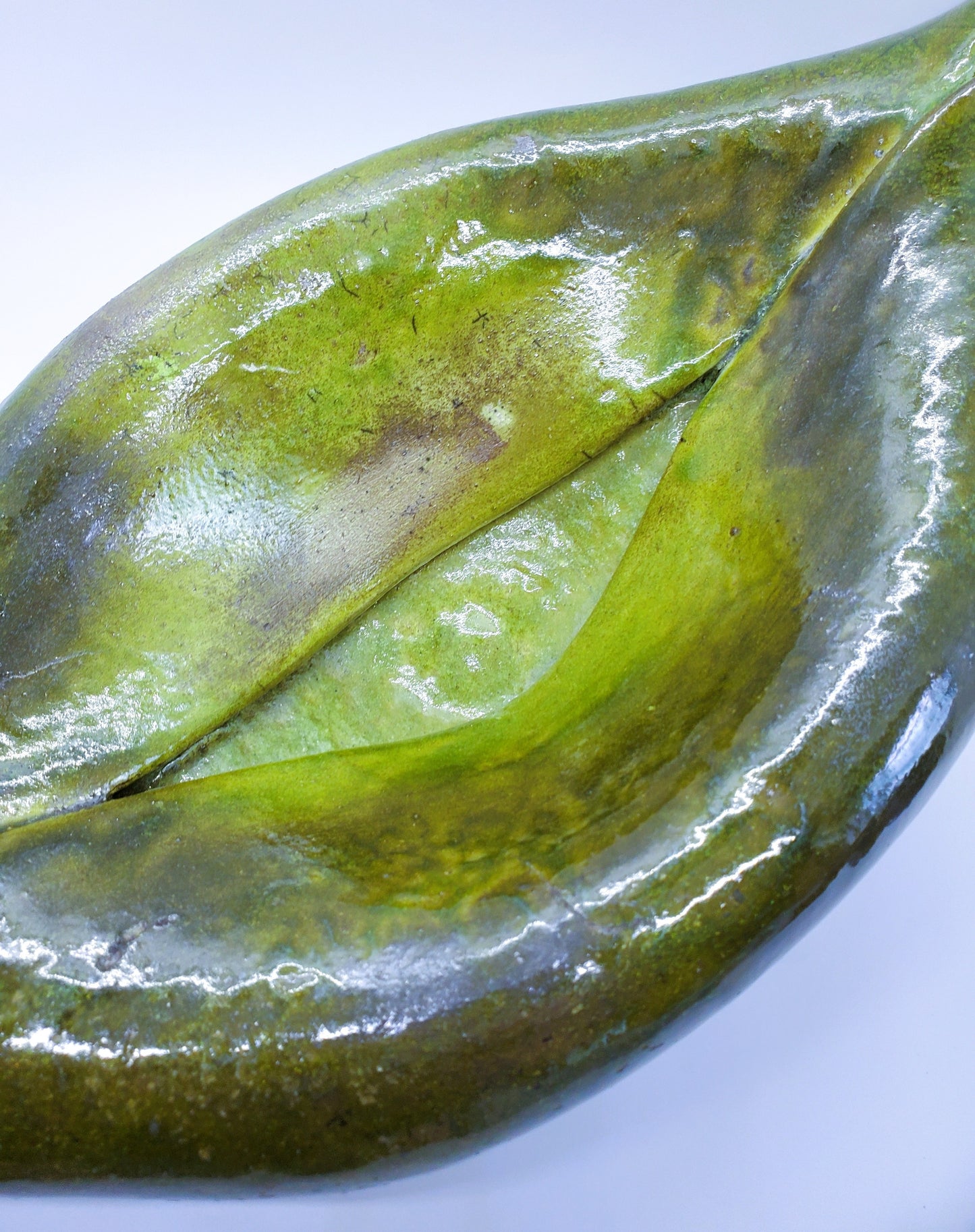 Hand-Made Raku Art Pottery Bowl With Horse Hair And Green Lava Glaze Folded Leaf-Like Design Signed