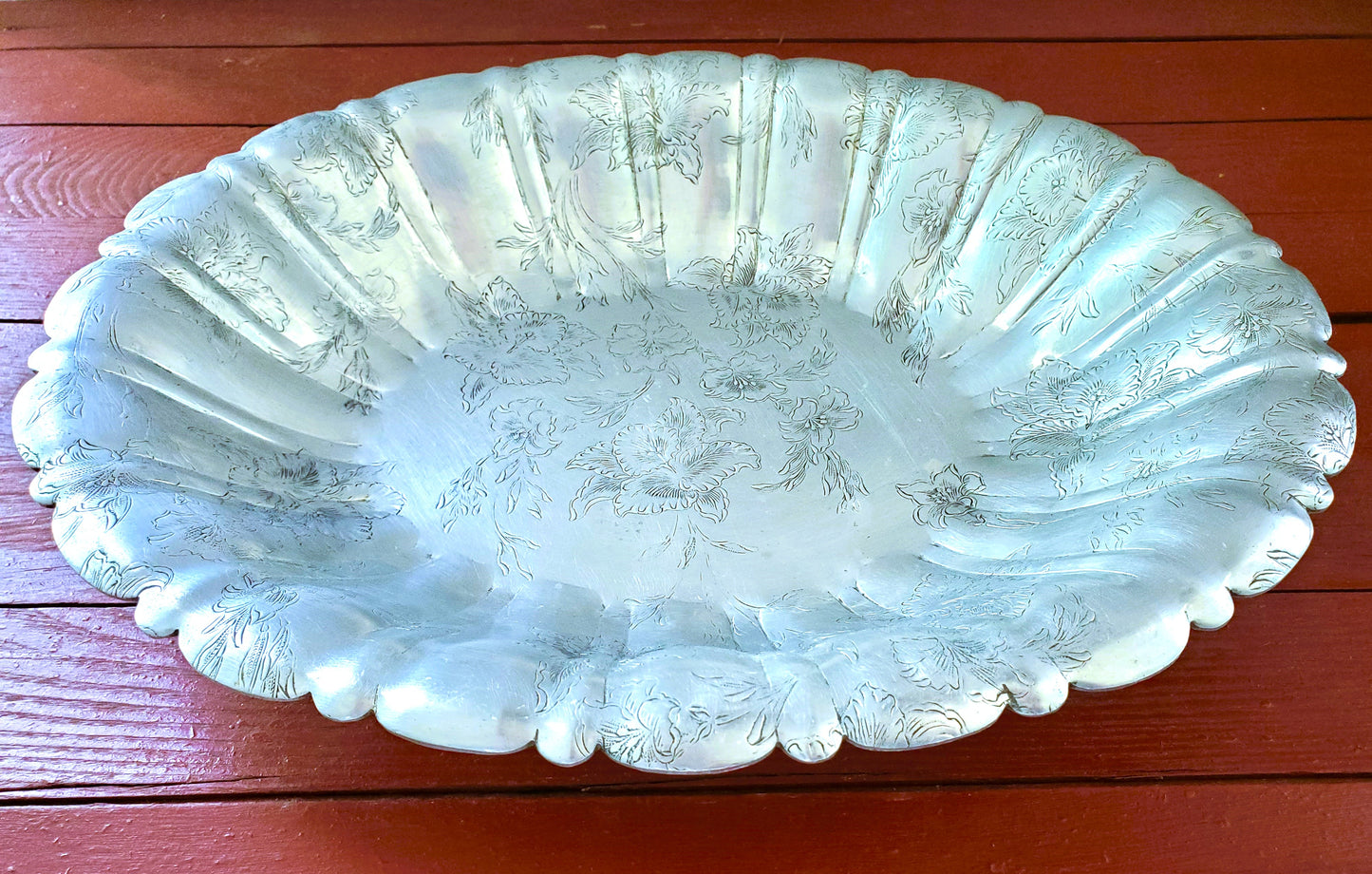 Mid-Century Floral Design Aluminum Bowl Scalloped Sides Vintage Serving Tableware Farmhouse Decor