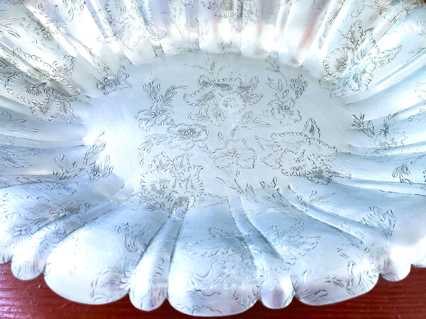 Mid-Century Floral Design Aluminum Bowl Scalloped Sides Vintage Serving Tableware Farmhouse Decor