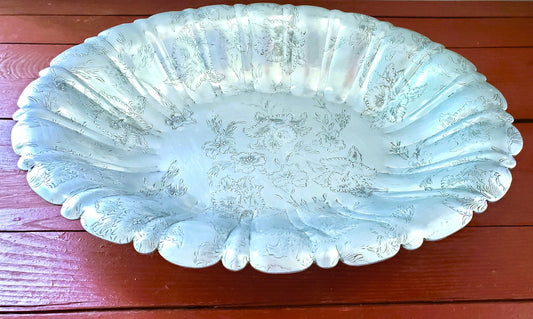 Mid-Century Floral Design Aluminum Bowl Scalloped Sides Vintage Serving Tableware Farmhouse Decor