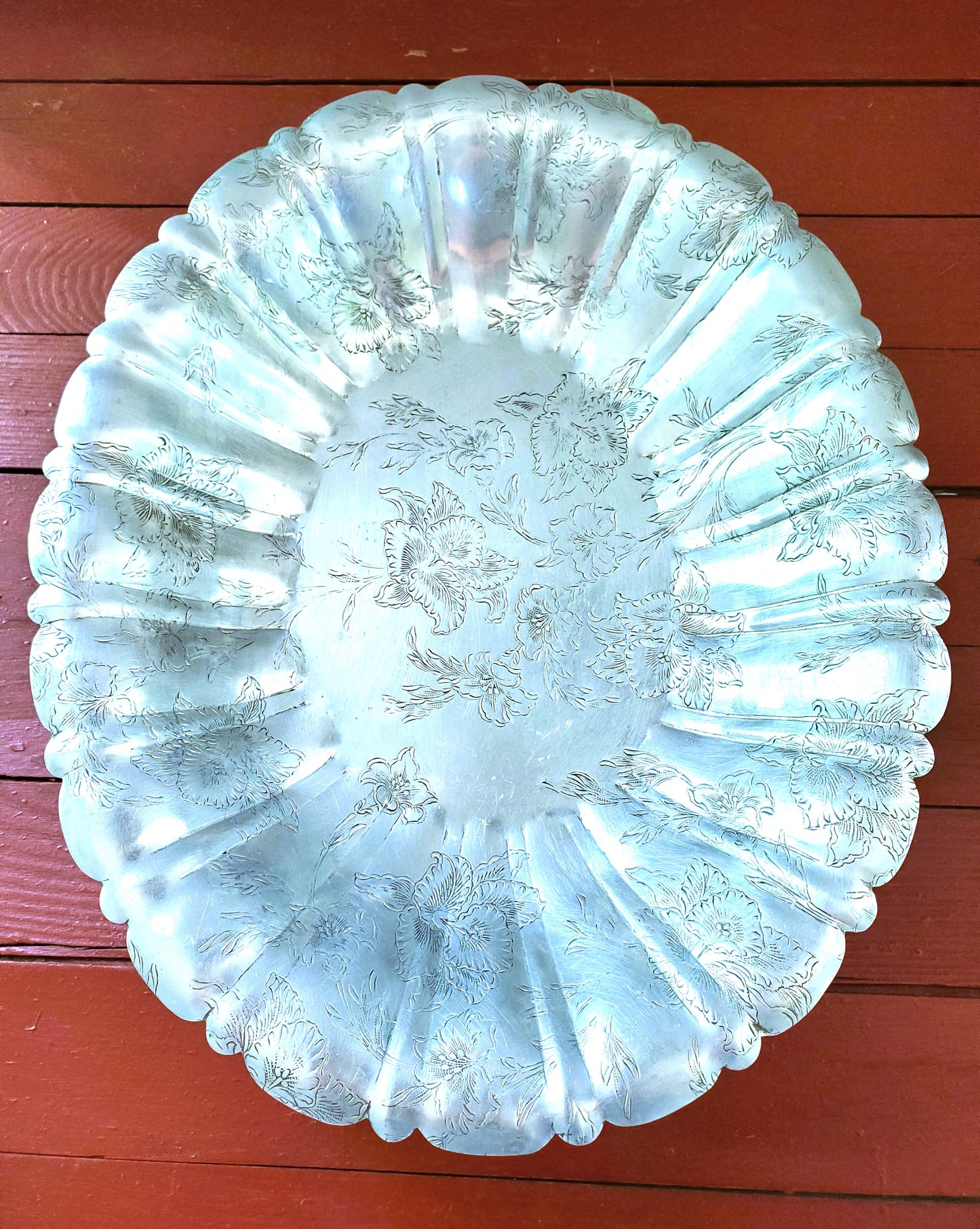 Mid-Century Floral Design Aluminum Bowl Scalloped Sides Vintage Serving Tableware Farmhouse Decor