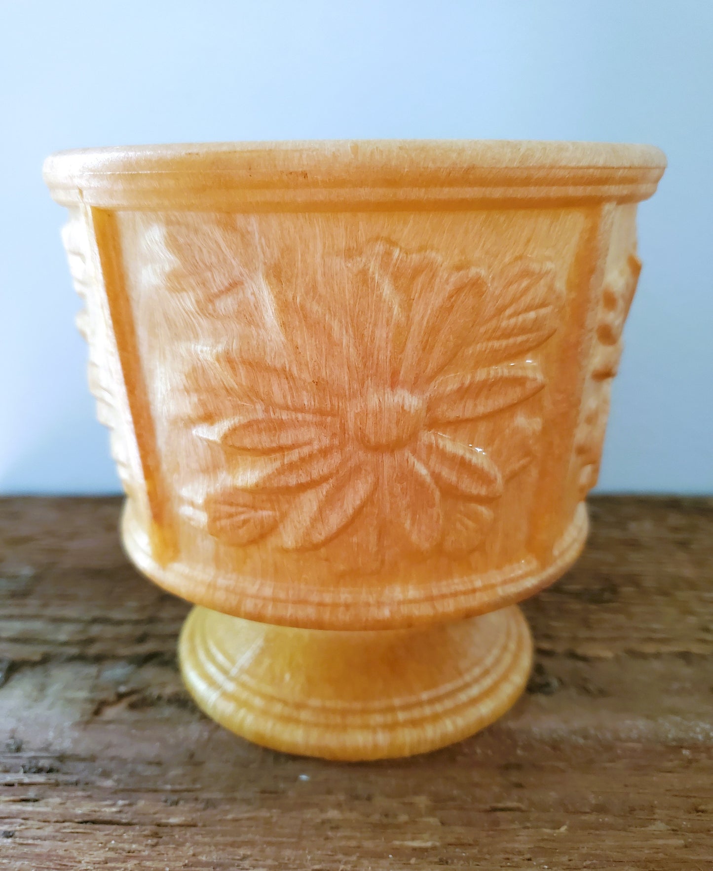 Mid Century 1950's Fronzwood Kokomo Indiana Celluloid Like Plastic Resin Pedestal Planter With Floral Motif