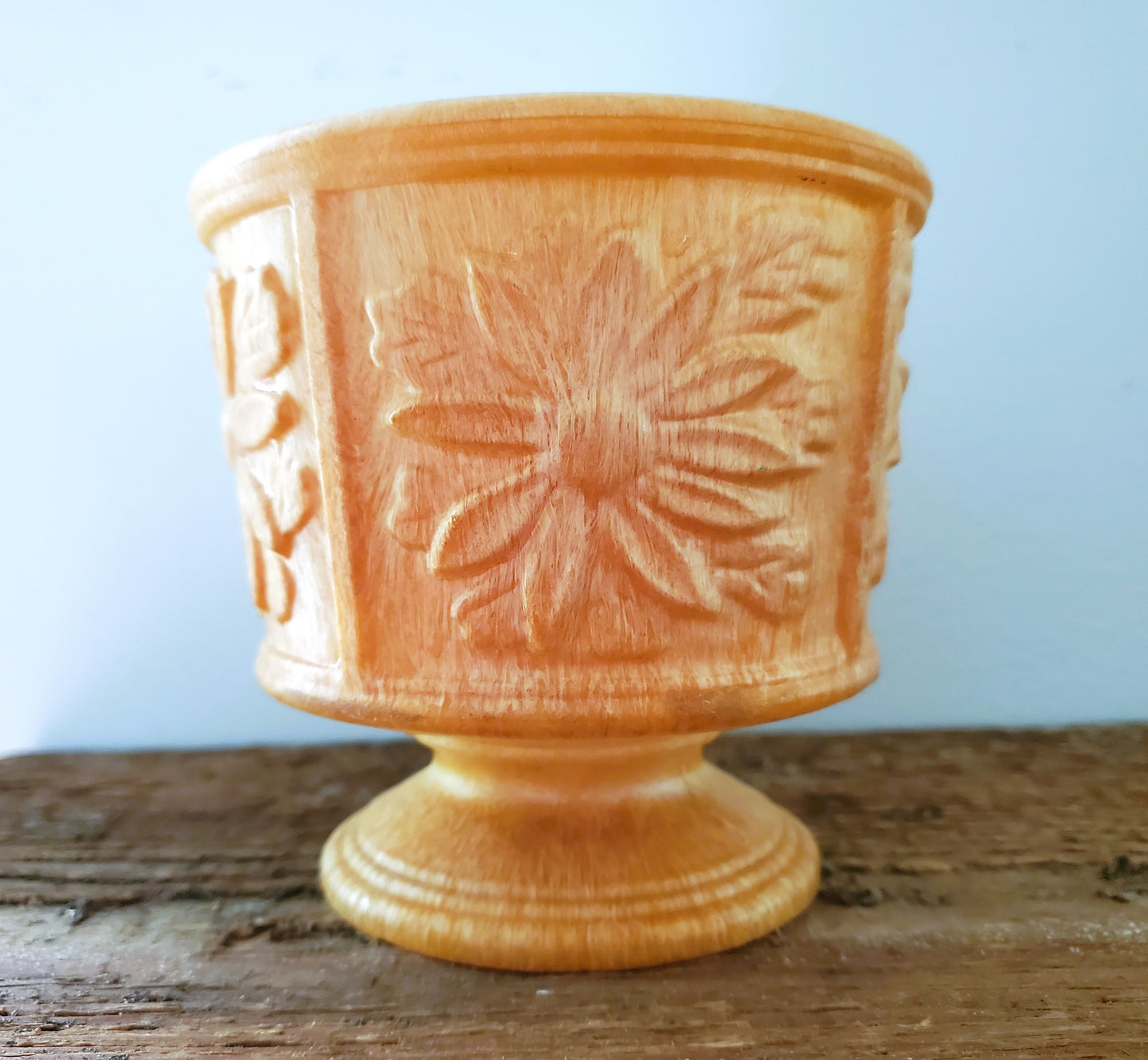 Mid Century 1950's Fronzwood Kokomo Indiana Celluloid Like Plastic Resin Pedestal Planter With Floral Motif