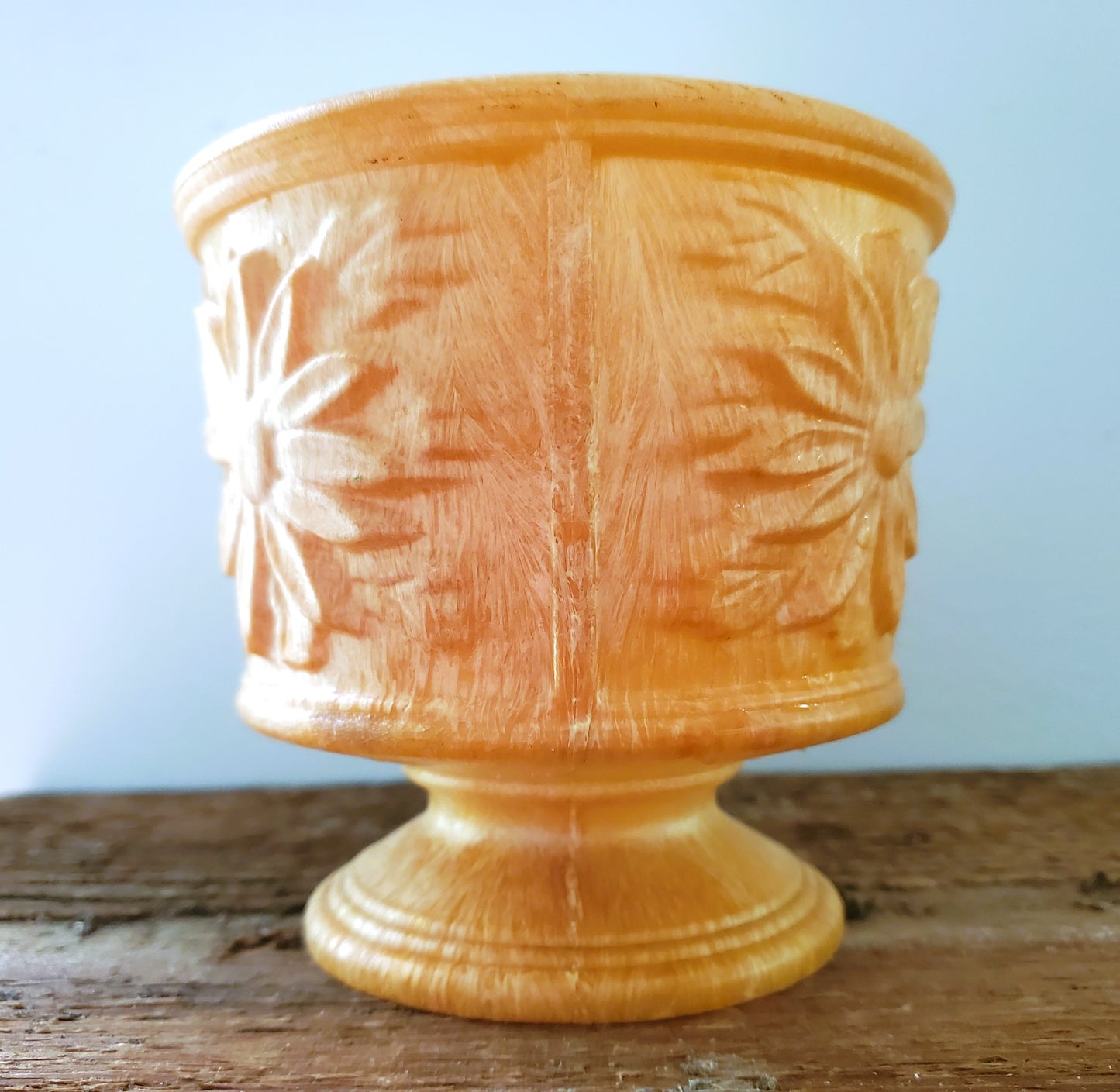 Mid Century 1950's Fronzwood Kokomo Indiana Celluloid Like Plastic Resin Pedestal Planter With Floral Motif