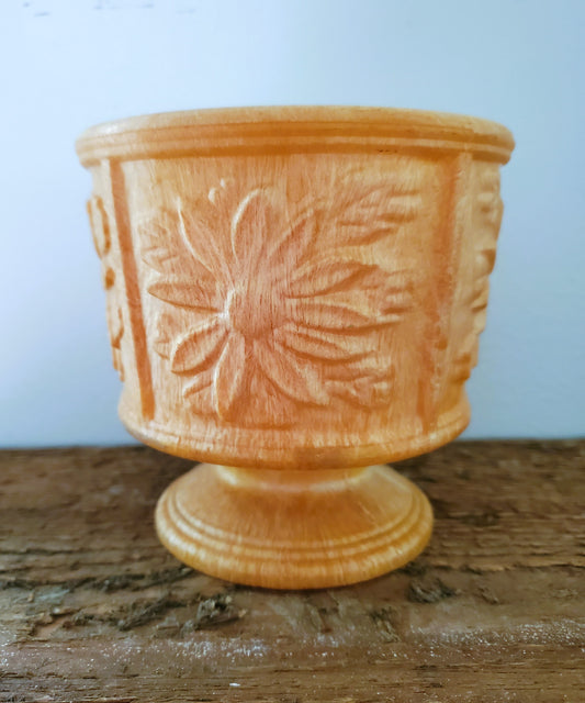 Mid Century 1950's Fronzwood Kokomo Indiana Celluloid Like Plastic Resin Pedestal Planter With Floral Motif