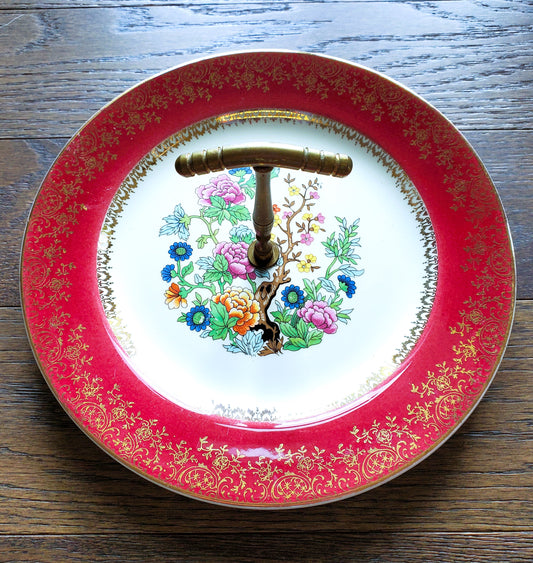 Vintage 23 Karat Gold Nasco Tidbit Snack Tray Hand Painted Floral Design Metal Handle Japan