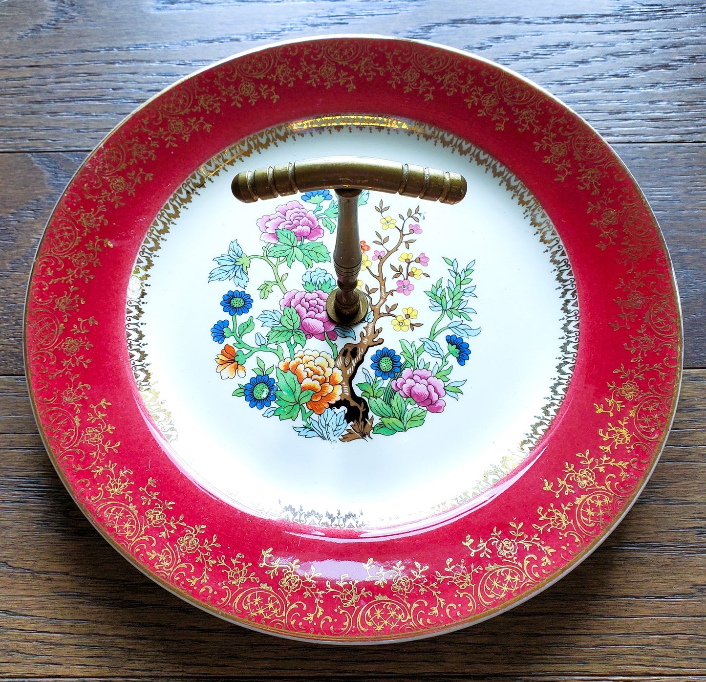 Vintage 23 Karat Gold Nasco Tidbit Snack Tray Hand Painted Floral Design Metal Handle Japan