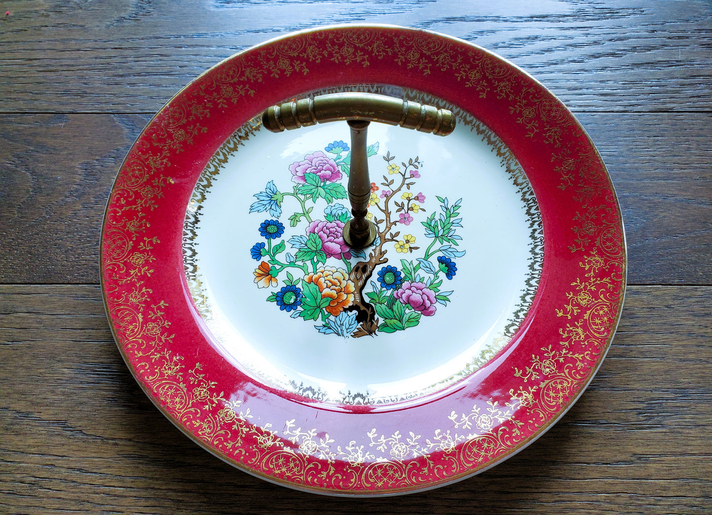 Vintage 23 Karat Gold Nasco Tidbit Snack Tray Hand Painted Floral Design Metal Handle Japan