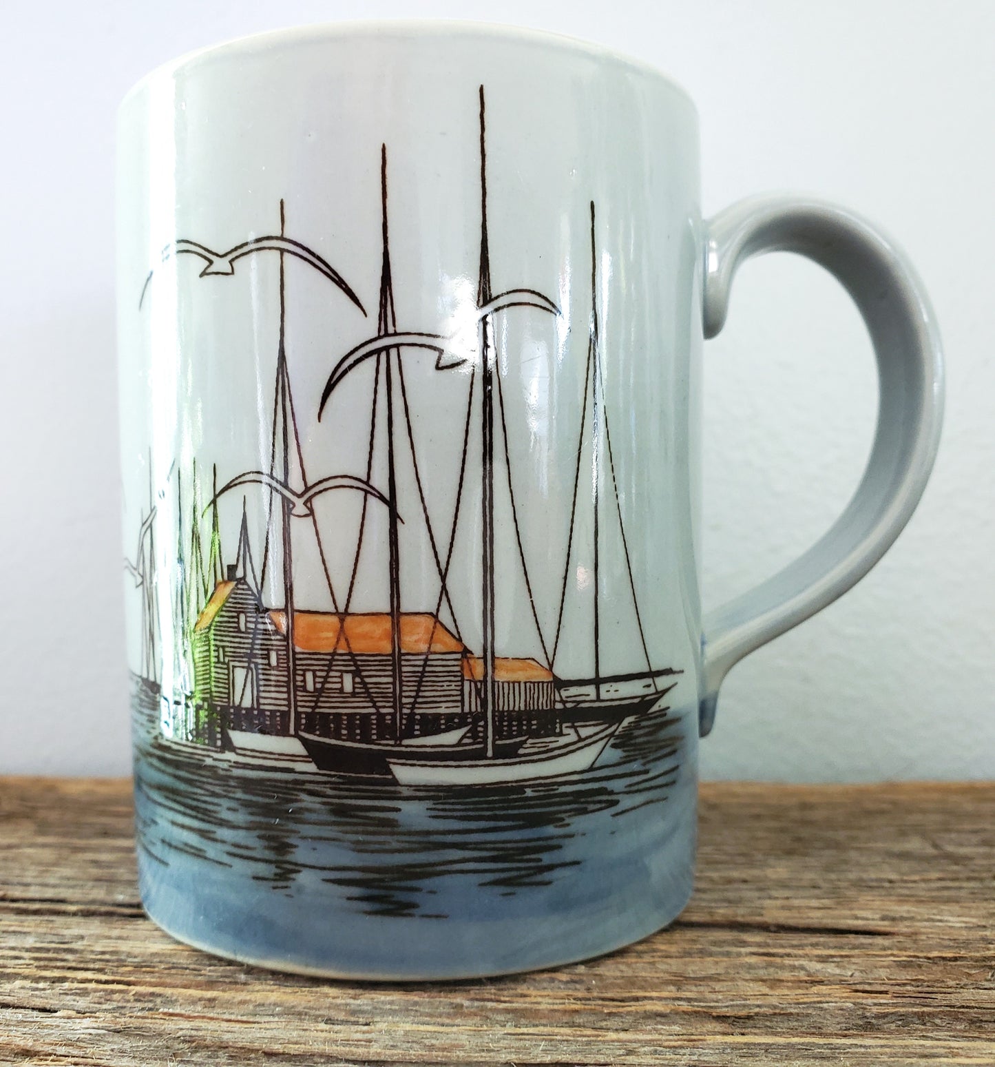 Otagiri or Otagiri Style Mid Century Mug Seagulls Sailboats Fishing Pier Nautical Scene Coffee Cup