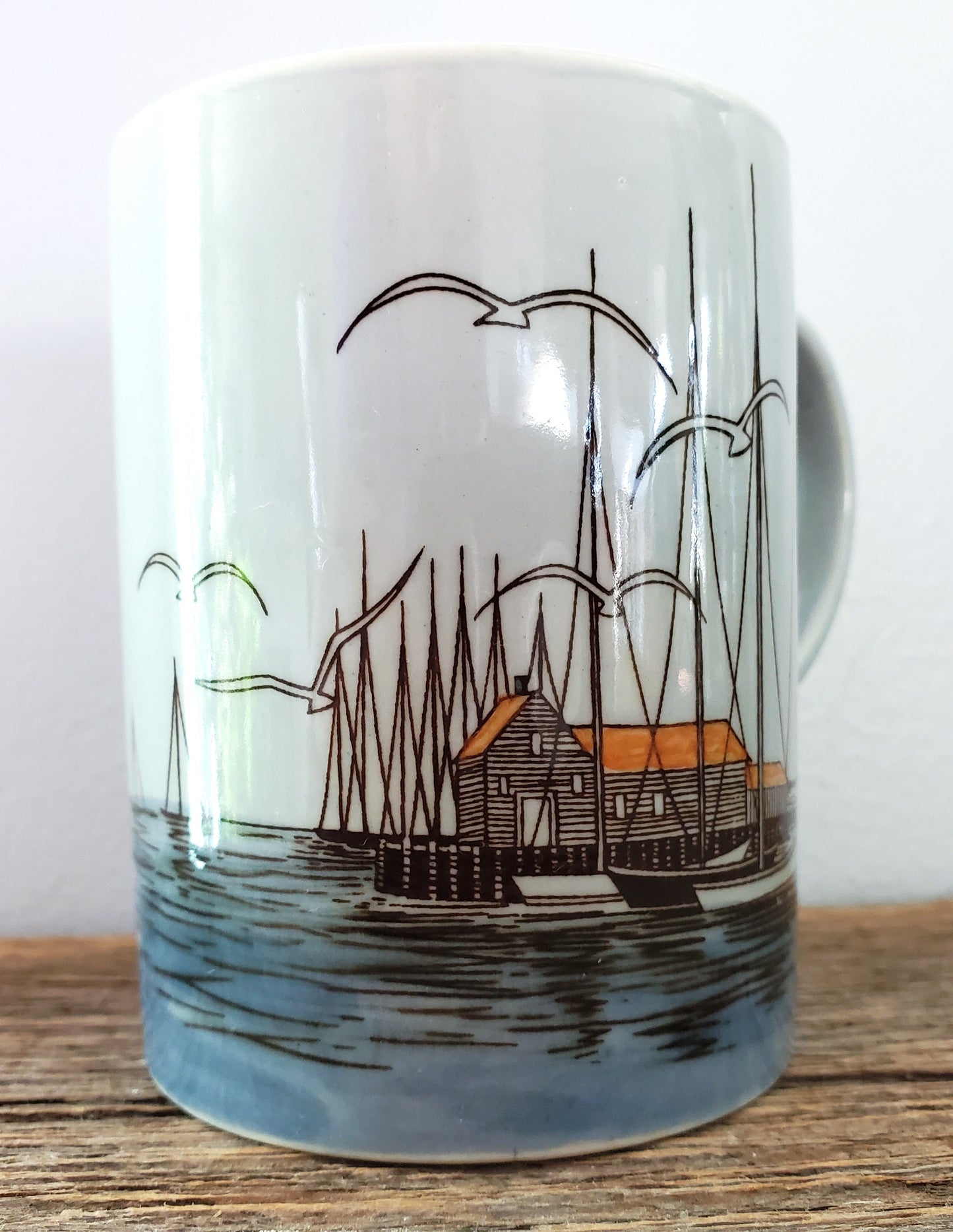 Otagiri or Otagiri Style Mid Century Mug Seagulls Sailboats Fishing Pier Nautical Scene Coffee Cup