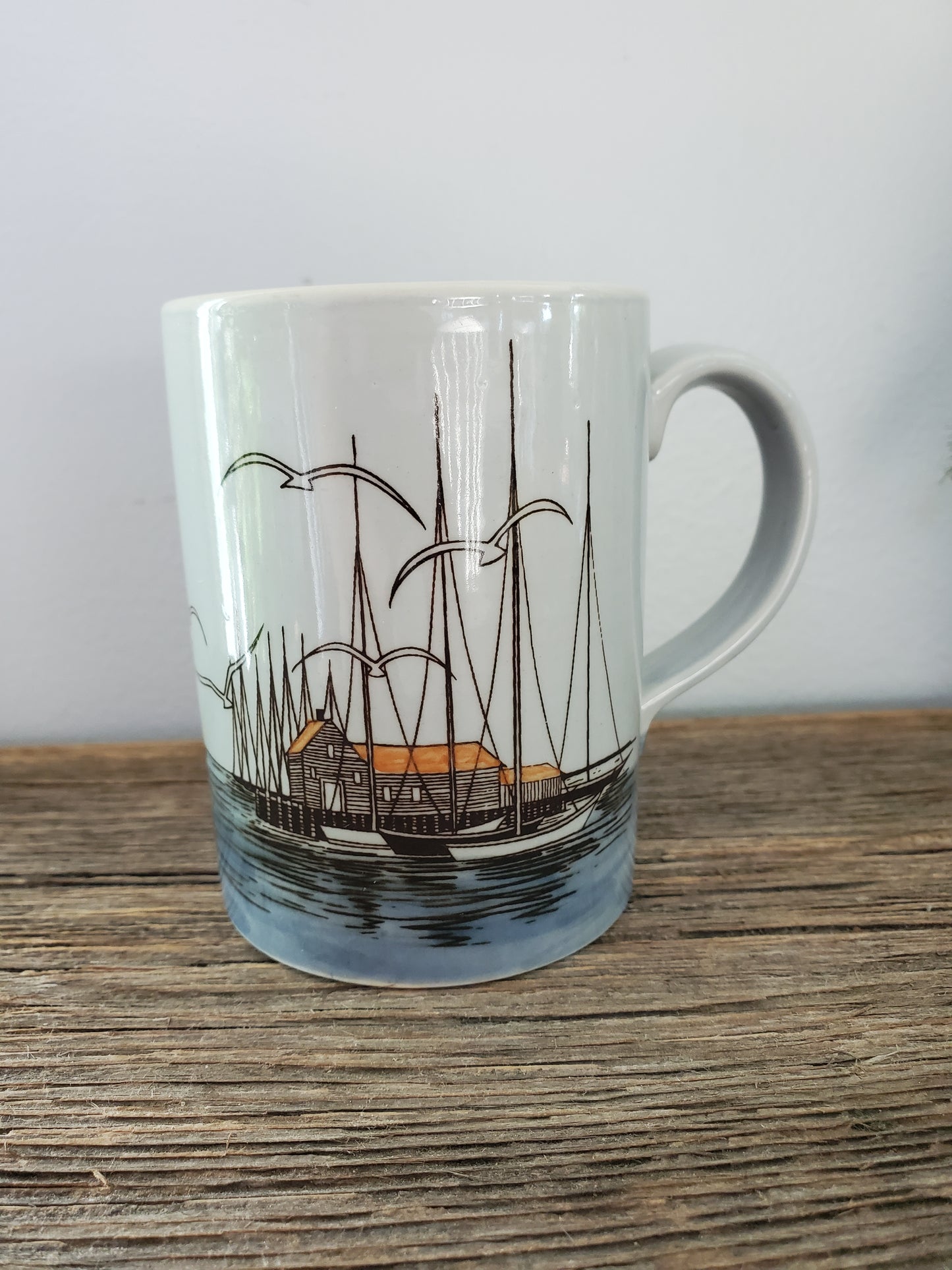 Otagiri or Otagiri Style Mid Century Mug Seagulls Sailboats Fishing Pier Nautical Scene Coffee Cup