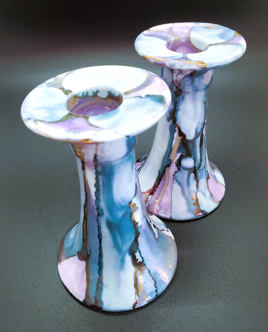 Maine Porcelain By S Designs Brewer Maine Hand Made Candle Stick Holders Purples Blues Gold Set of Two