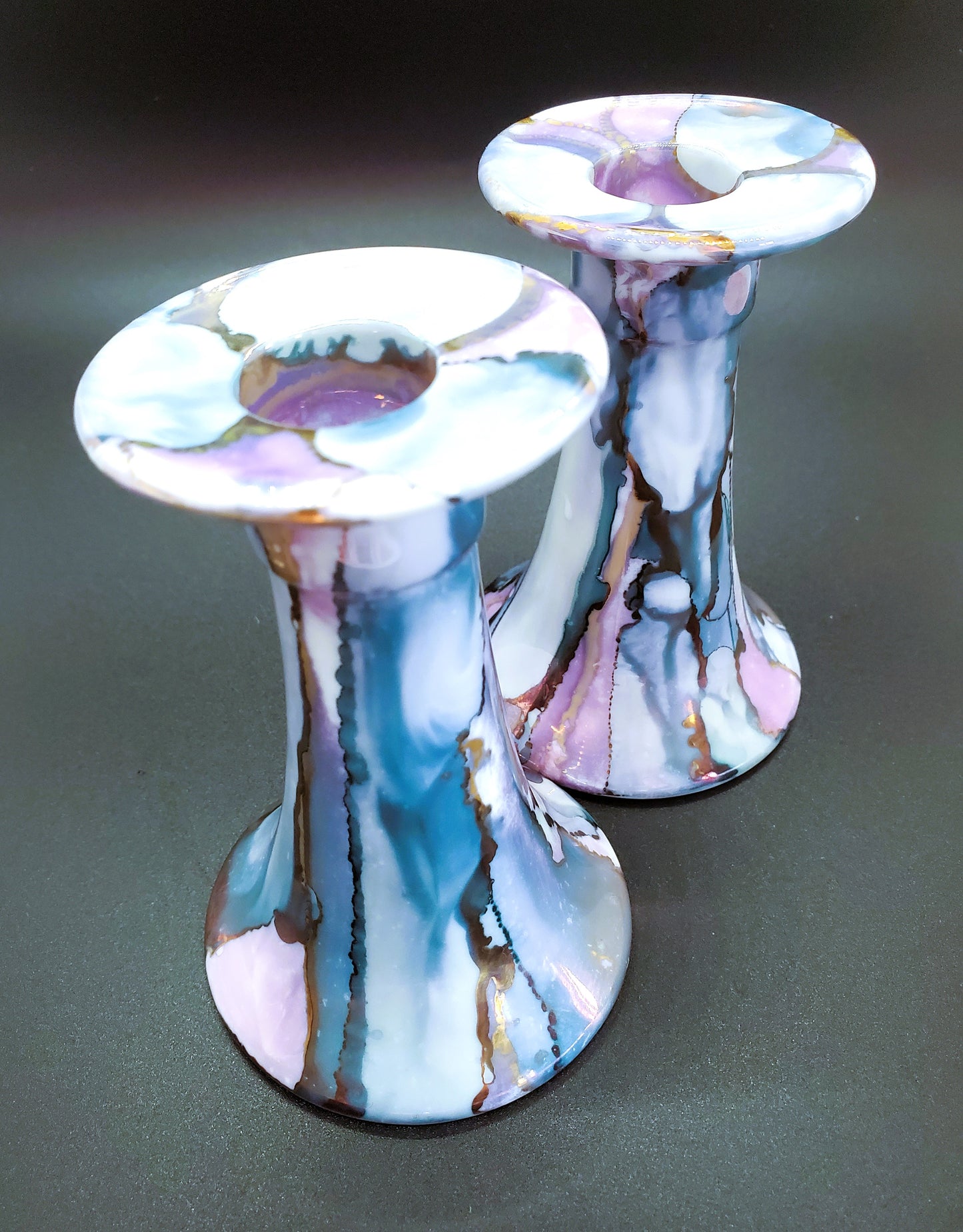 Maine Porcelain By S Designs Brewer Maine Hand Made Candle Stick Holders Purples Blues Gold Set of Two