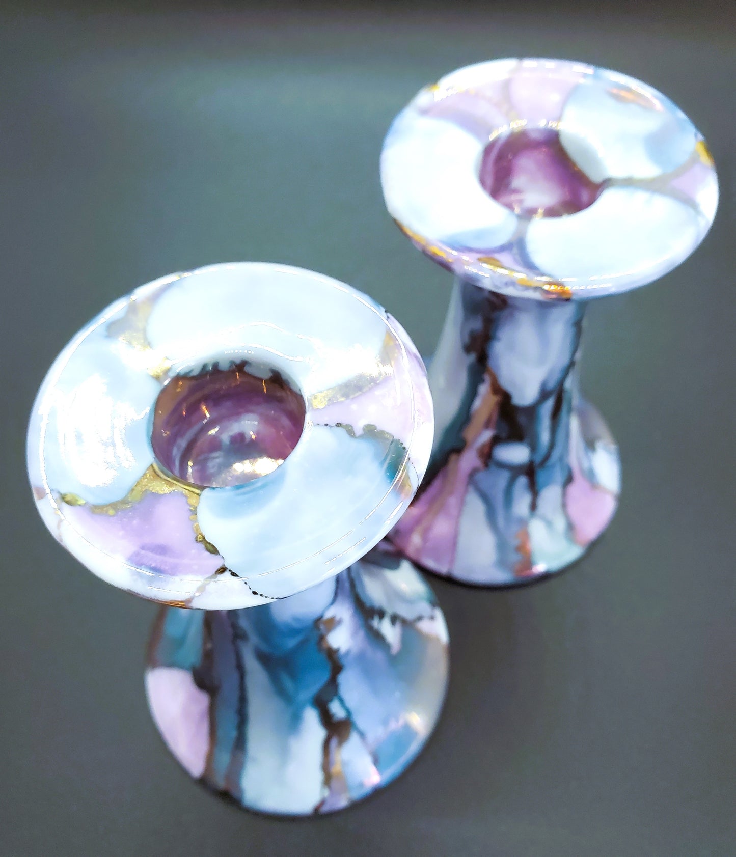 Maine Porcelain By S Designs Brewer Maine Hand Made Candle Stick Holders Purples Blues Gold Set of Two