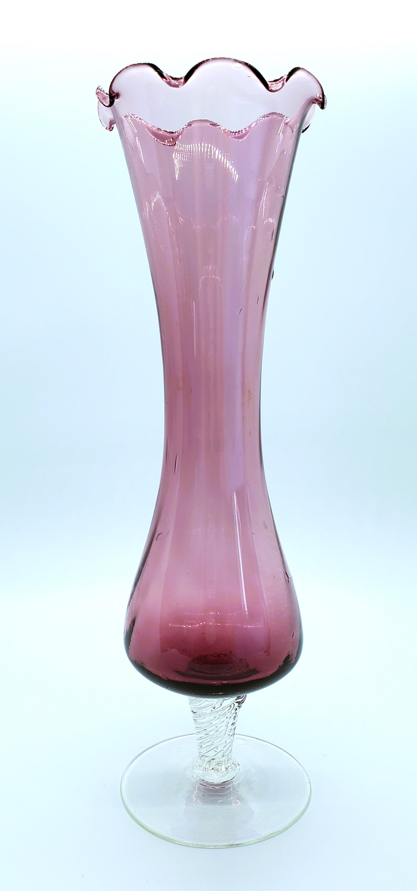 Amethyst Art Glass Vase Twisted Pedestal Ruffled Crimped Edge Purple