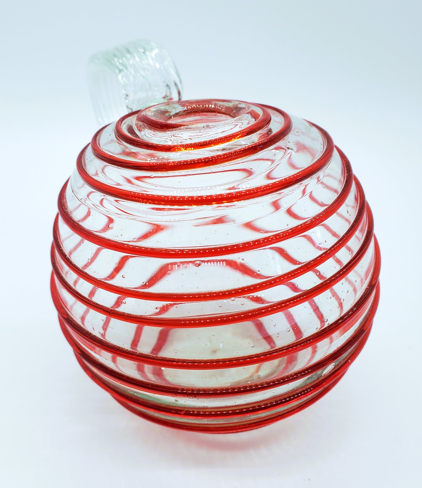 Blown Art Glass Peppermint Swirl Vase Applied Reed Looped Handle