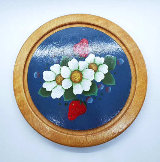 Marjorie Wallace Vermont Artist Hand-Painted Wooden Trivet Pot Holder Blooming Strawberries Signed