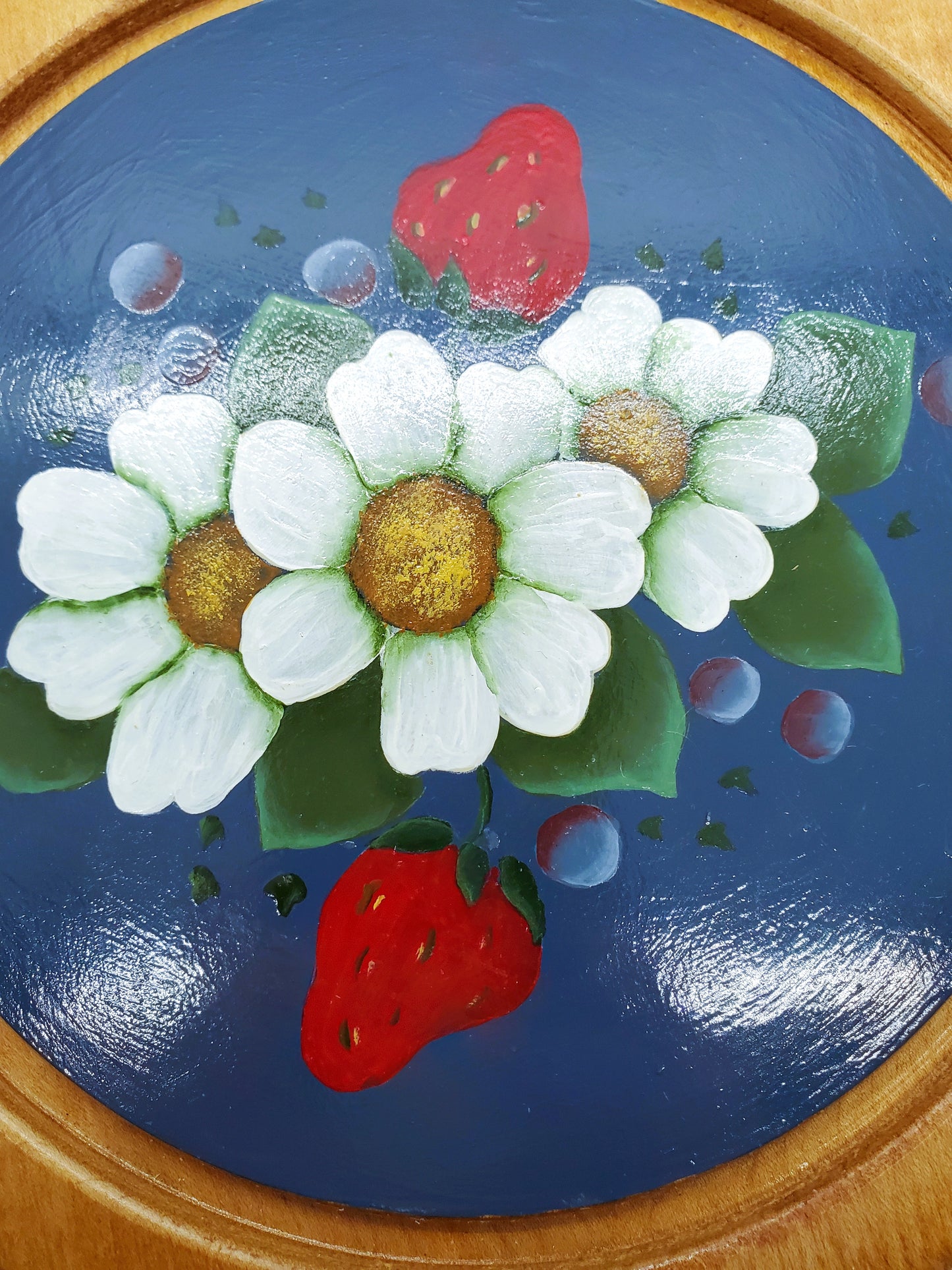 Marjorie Wallace Vermont Artist Hand-Painted Wooden Trivet Pot Holder Blooming Strawberries Signed