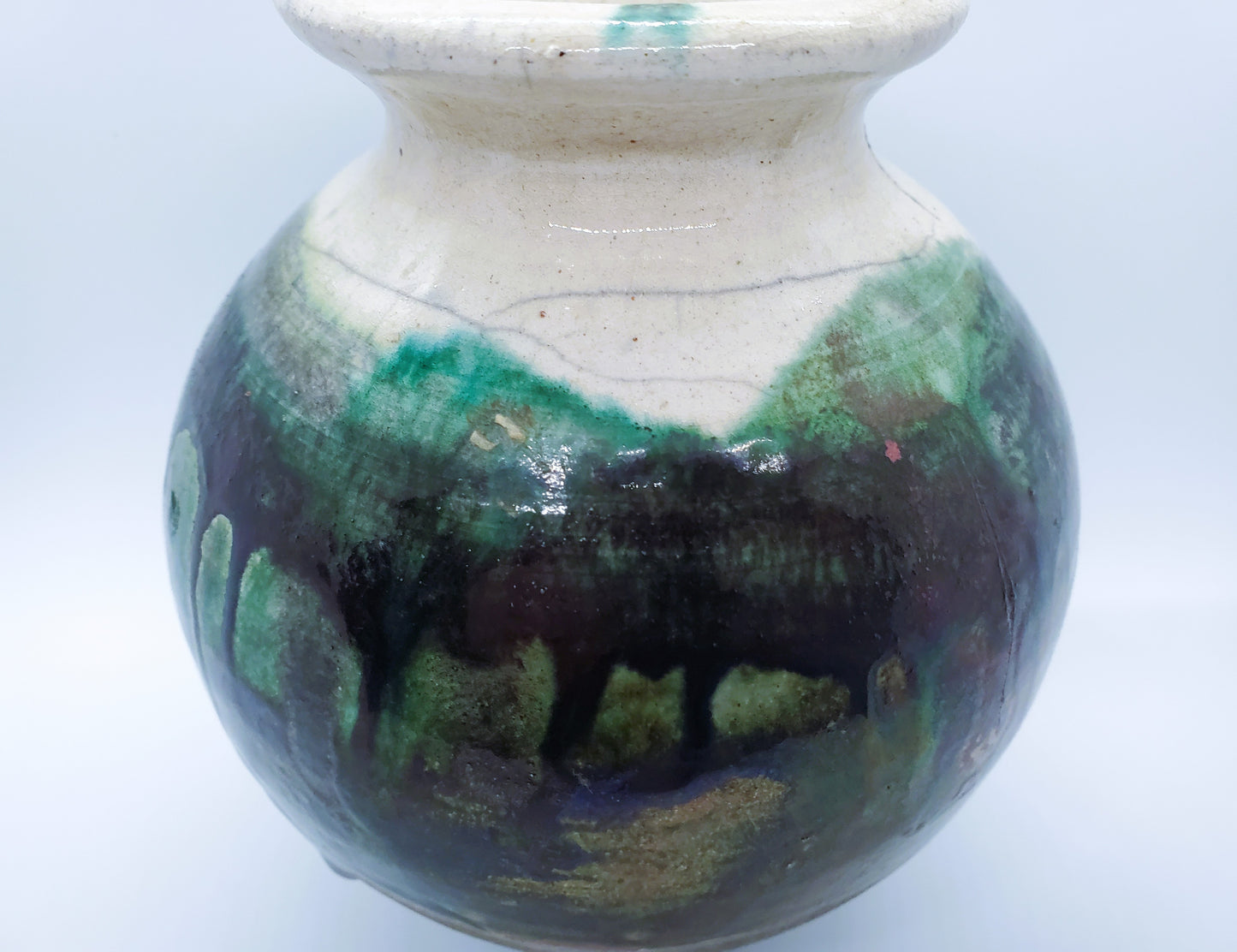 Raku Art Pottery Vase With Horse Hair And Drip Lava Glaze Signed