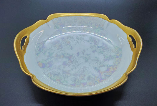 Vintage Pearlized Lusterware Porcelain Nappy Bowl Dish Gold Edge Handles