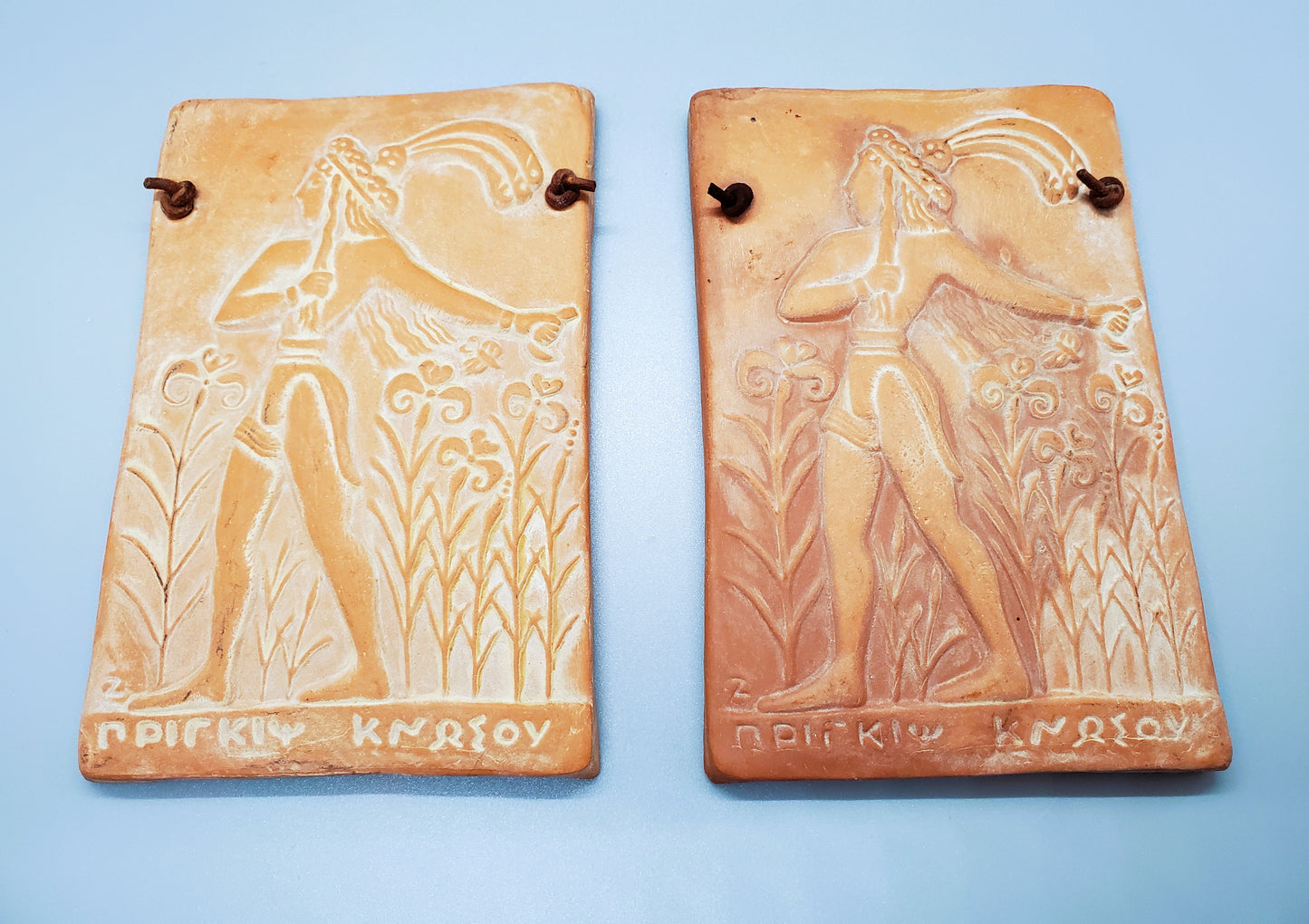 Vintage Art Pottery Wall Tiles Made In Greece Terracotta With Leather Straps