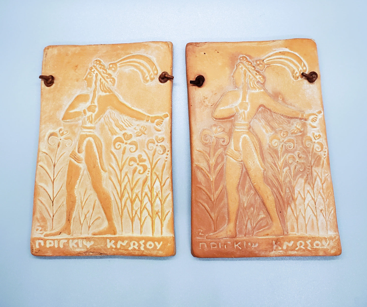 Vintage Art Pottery Wall Tiles Made In Greece Terracotta With Leather Straps