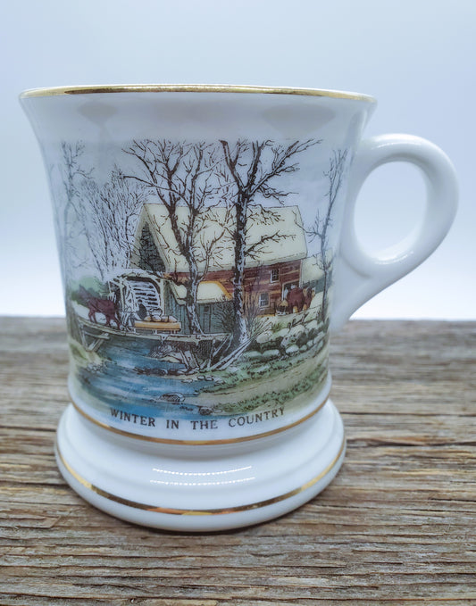 Vintage Winter Scene Mug Moustashe Protector Coffee Mug Gold Design