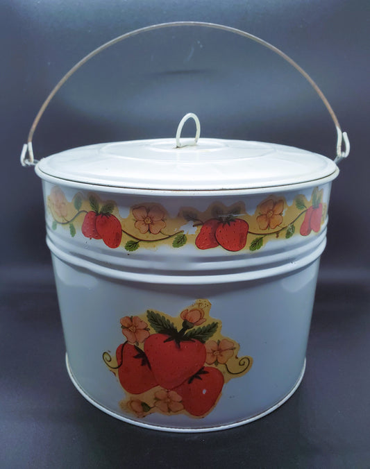 Vintage Metal Tin Canister With Handle Strawberries Design