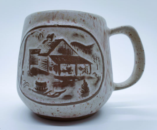 Onion River Pottery Vermont Coffee Mug Cabin Scene Stoneware